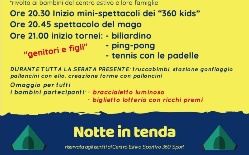 Pizza, magia, sport e tende: per i bambini del centro estivo sportivo di Morciano una festa lunga tutta la notte