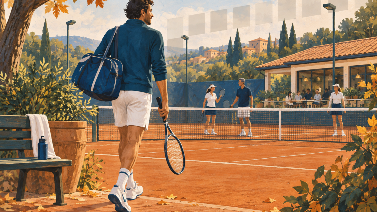 Illustrazione di un tennista con racchetta e borsa che torna sul campo in una giornata autunnale.