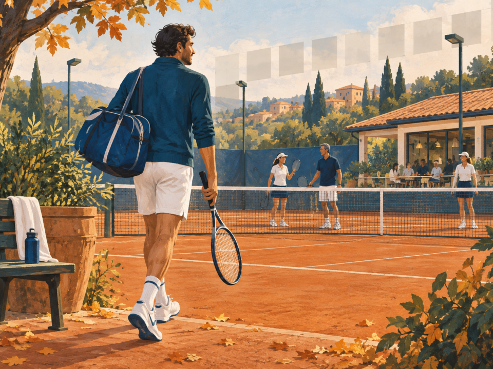 Illustrazione di un tennista con racchetta e borsa che torna sul campo in una giornata autunnale.