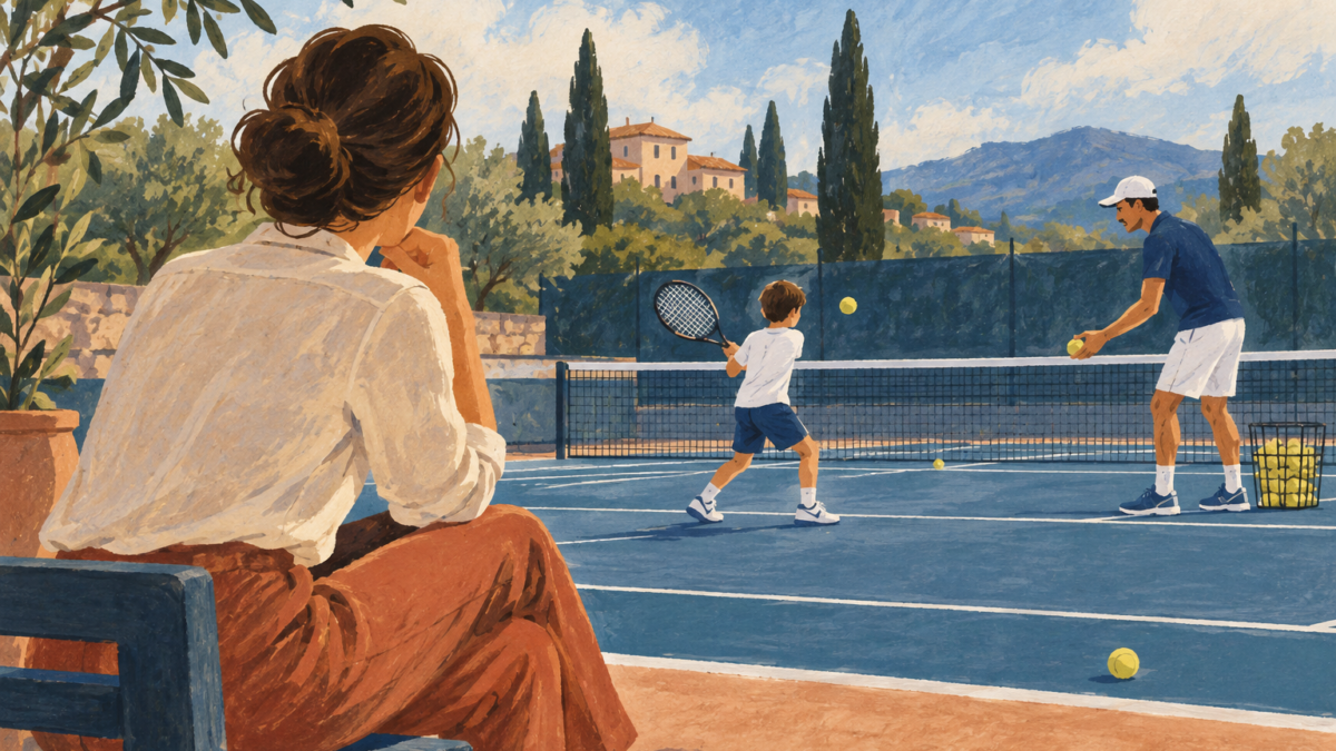 Illustrazione di un genitore che osserva con discrezione un bambino durante una lezione di tennis.