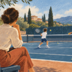 Illustrazione di un genitore che osserva con discrezione un bambino durante una lezione di tennis.