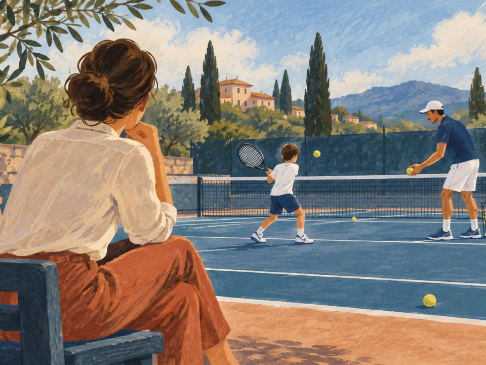 Illustrazione di un genitore che osserva con discrezione un bambino durante una lezione di tennis.