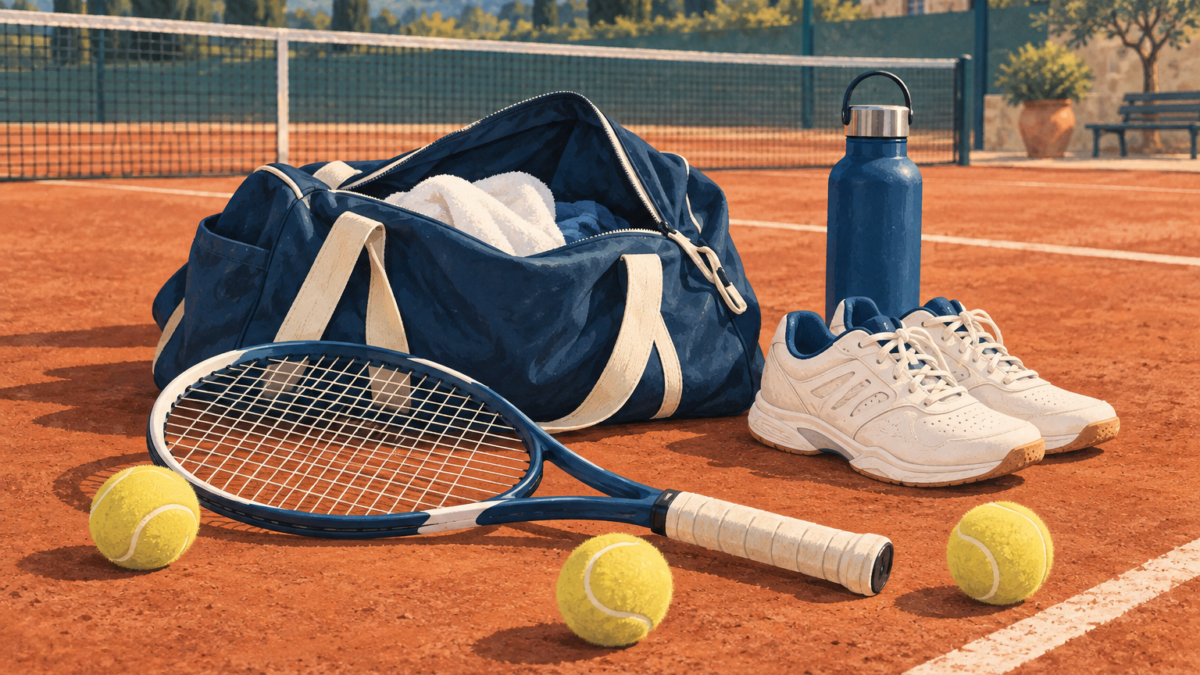 Illustrazione del materiale per la prima lezione di tennis: racchetta, palline, scarpe, borraccia e borsa.