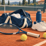 Illustrazione del materiale per la prima lezione di tennis: racchetta, palline, scarpe, borraccia e borsa.
