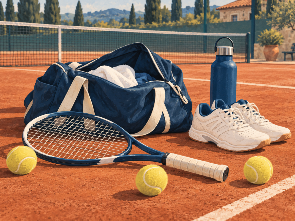 Illustrazione del materiale per la prima lezione di tennis: racchetta, palline, scarpe, borraccia e borsa.