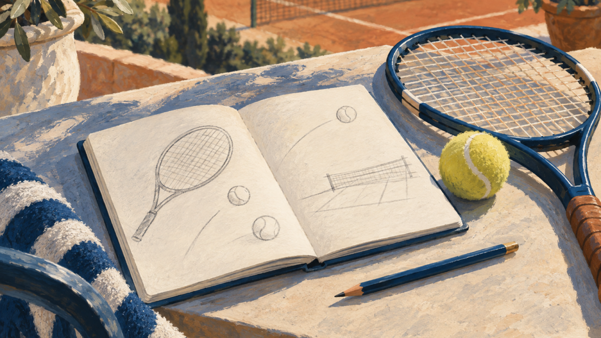 Illustrazione di un quaderno aperto, una matita, una racchetta e una pallina da tennis.