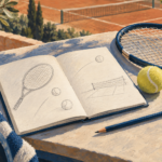 Illustrazione di un quaderno aperto, una matita, una racchetta e una pallina da tennis.