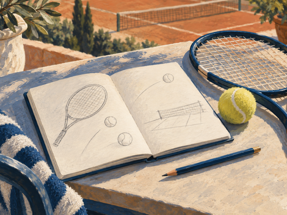 Illustrazione di un quaderno aperto, una matita, una racchetta e una pallina da tennis.