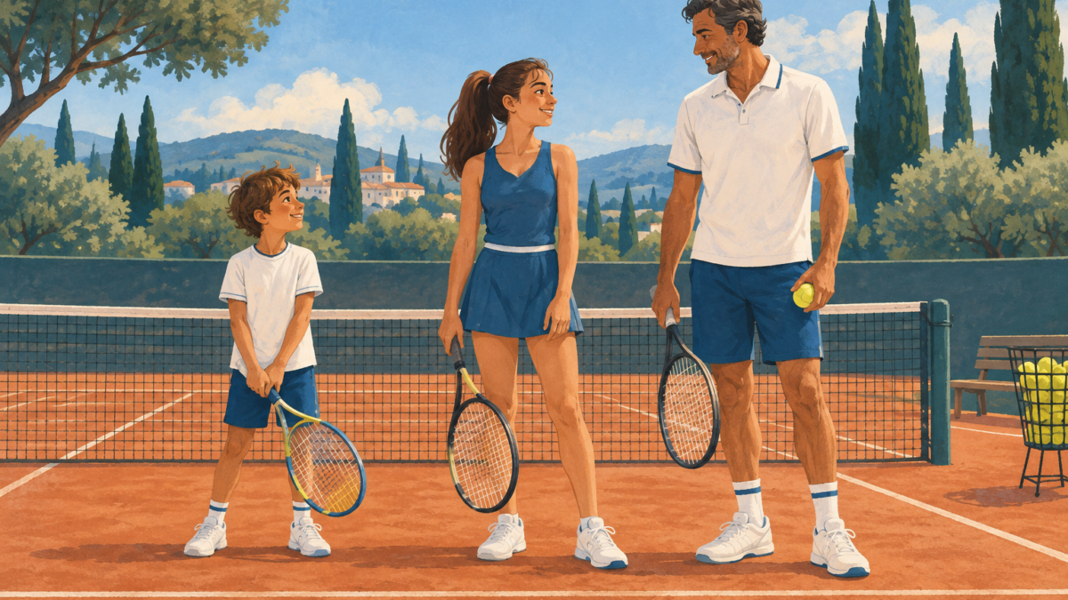 Illustrazione di un bambino, una ragazza e un adulto con racchette su un campo da tennis.