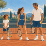 Illustrazione di un bambino, una ragazza e un adulto con racchette su un campo da tennis.