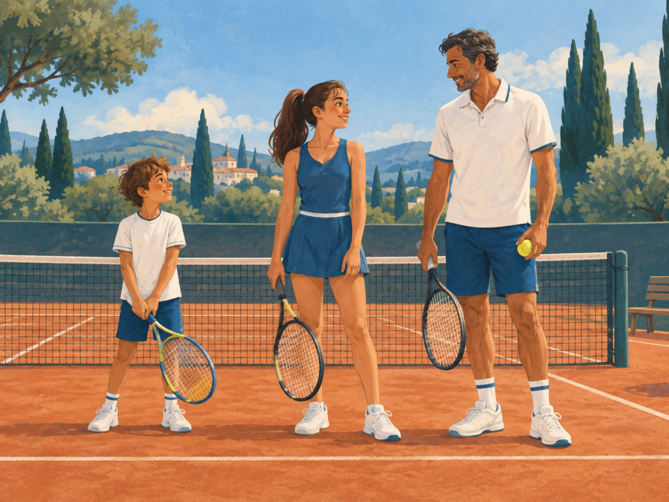 Illustrazione di un bambino, una ragazza e un adulto con racchette su un campo da tennis.