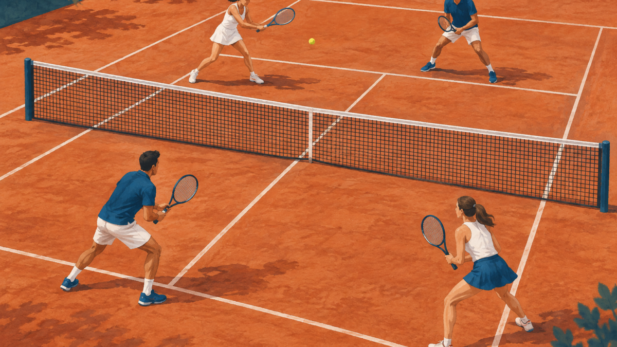 Illustrazione di quattro tennisti durante una partita di doppio su un campo in terra rossa.