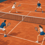 Illustrazione di quattro tennisti durante una partita di doppio su un campo in terra rossa.