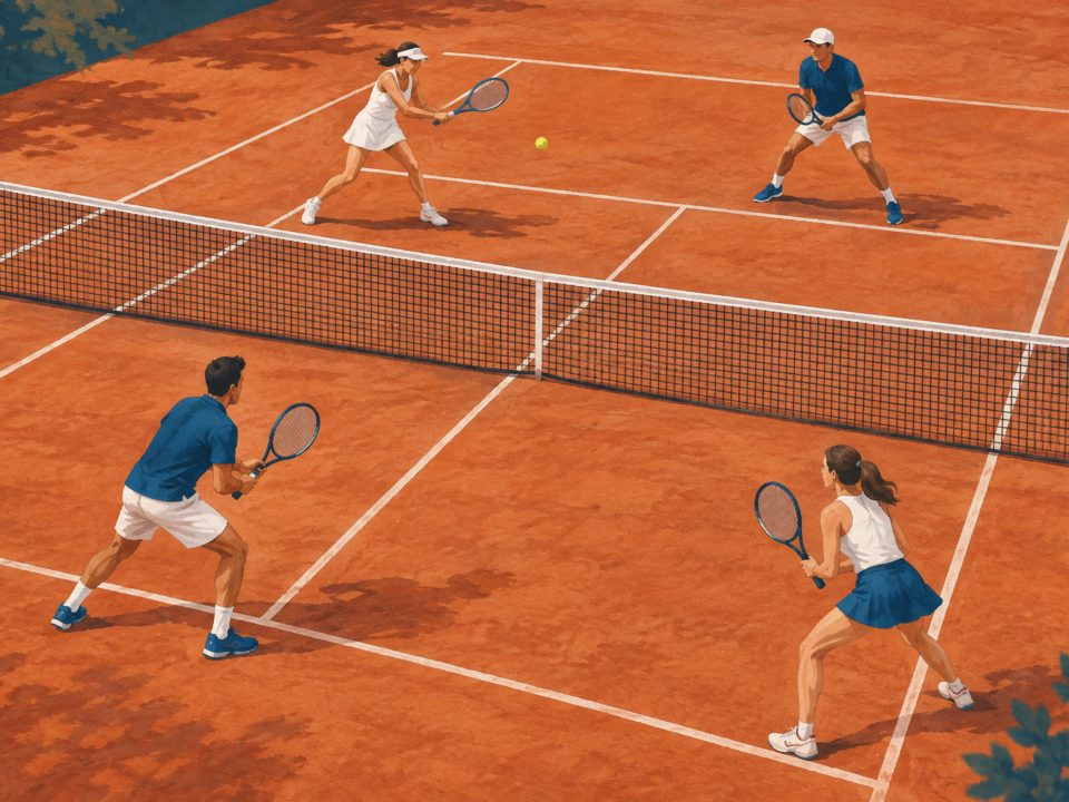 Illustrazione di quattro tennisti durante una partita di doppio su un campo in terra rossa.