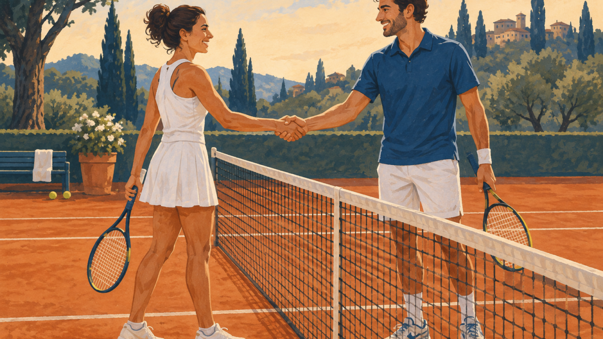 Illustrazione di due giocatori che si salutano alla rete dopo una partita di tennis.