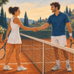 Illustrazione di due giocatori che si salutano alla rete dopo una partita di tennis.