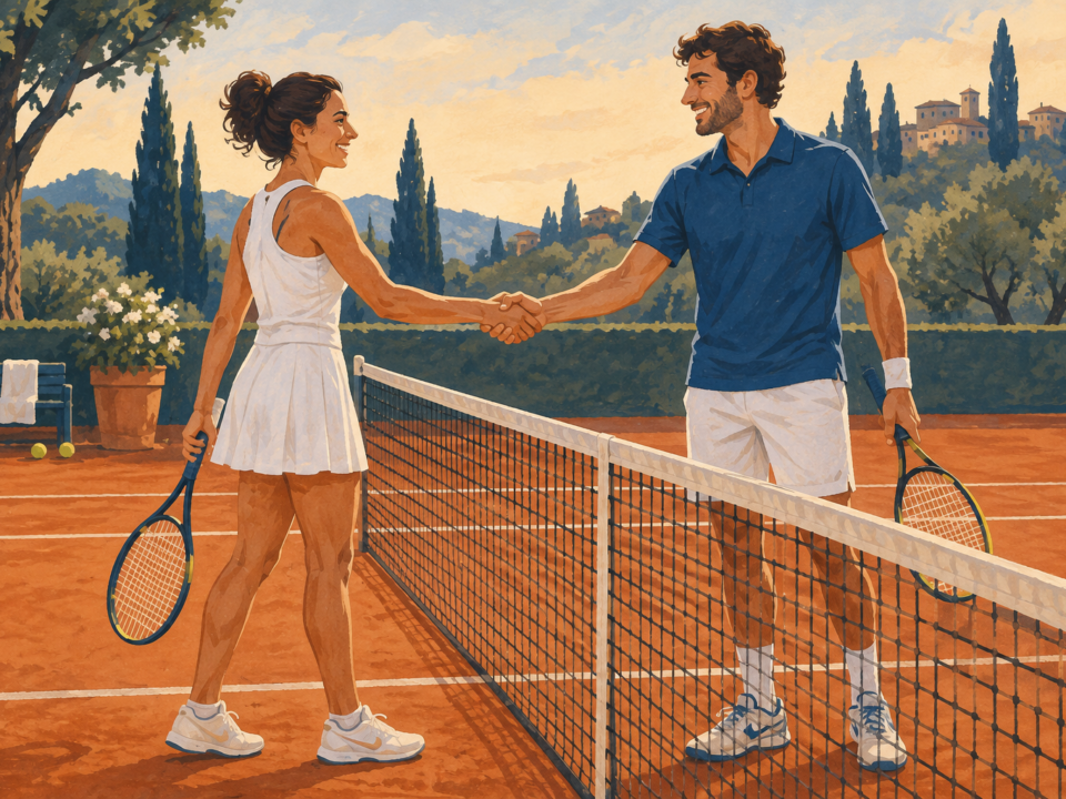 Illustrazione di due giocatori che si salutano alla rete dopo una partita di tennis.
